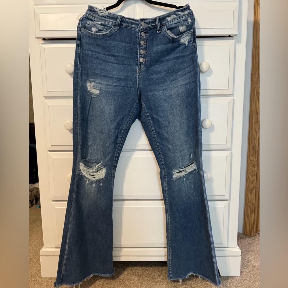 Flying Monkey High Rise Button Fly Distressed Flare Jeans 31